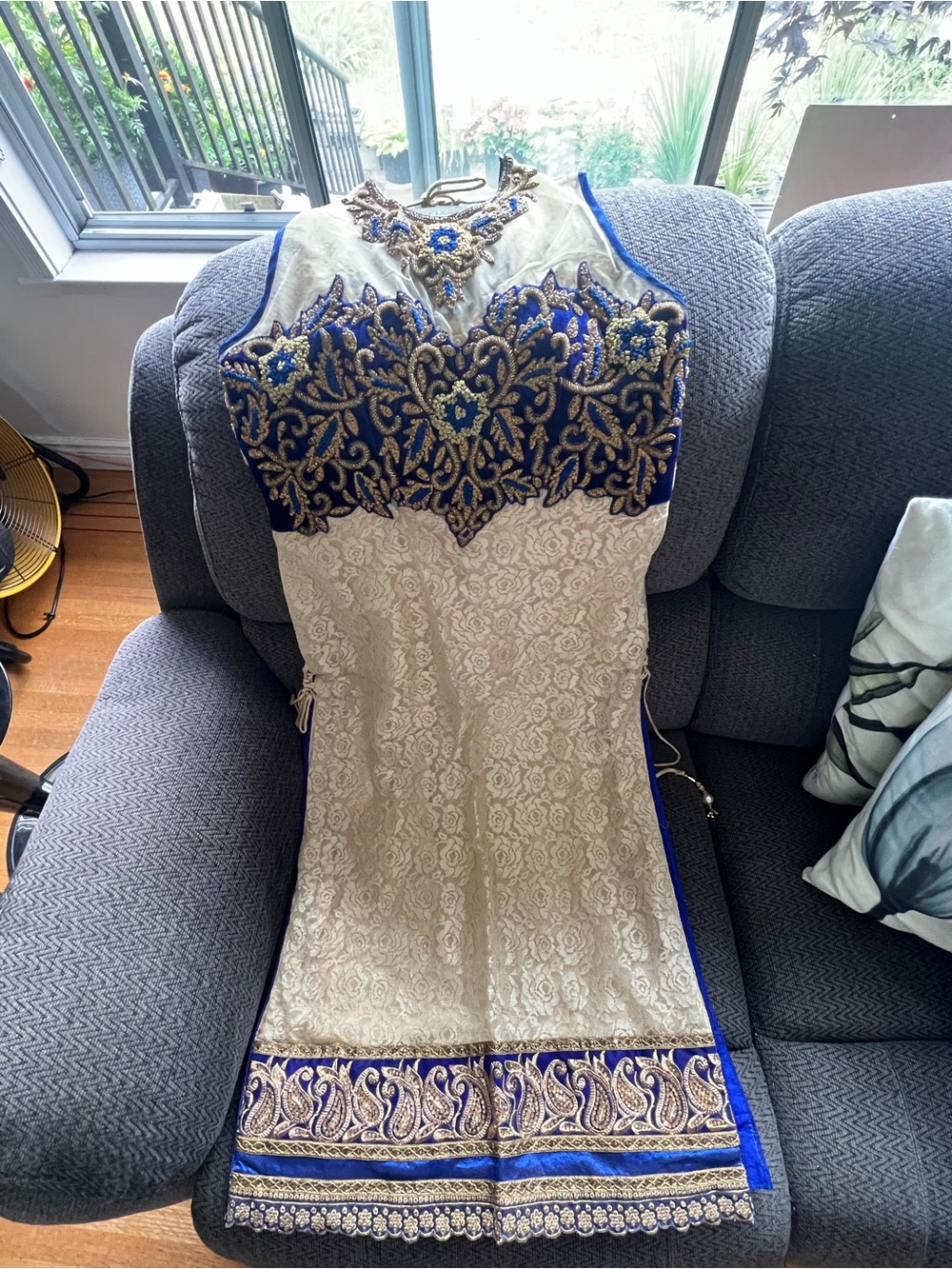 Embellished Cream and Royal Blue Lace Evening Dress